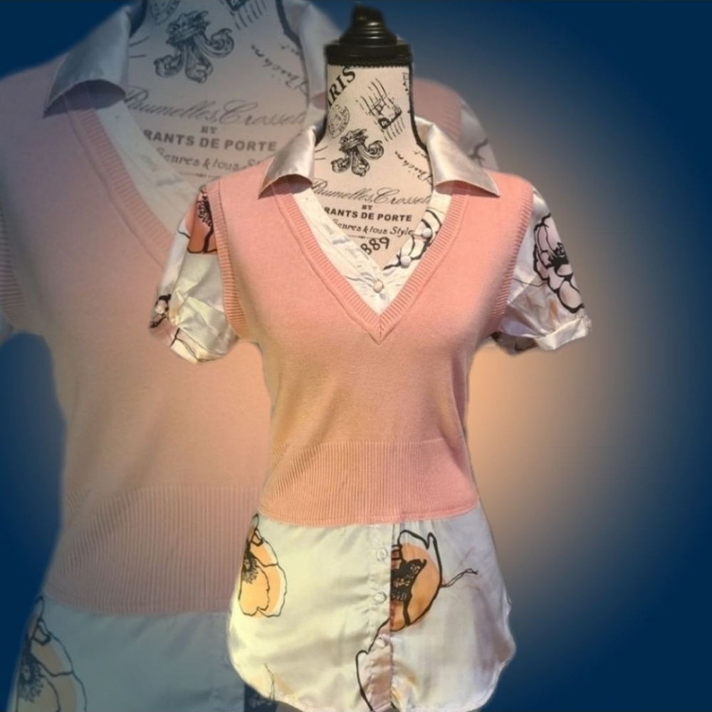 Say What Coral/Floral Sweater Vest Blouse